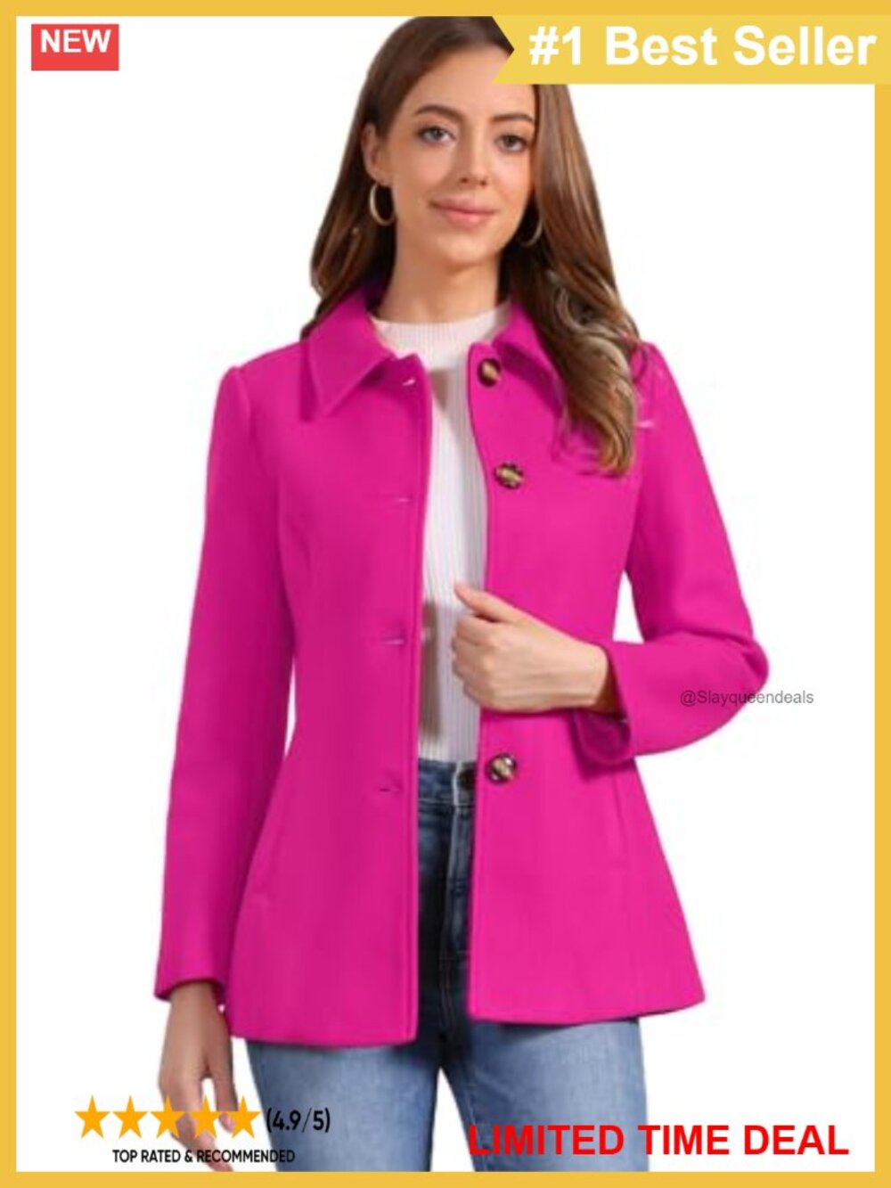 Women's Single Breasted Pea Coat Fully Lined Winter Overcoat Work Office